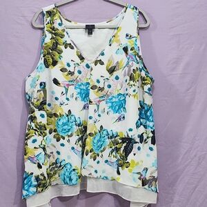 Worthington White Floral V-Neck Sleeveless Camisole with Blue & Green Print